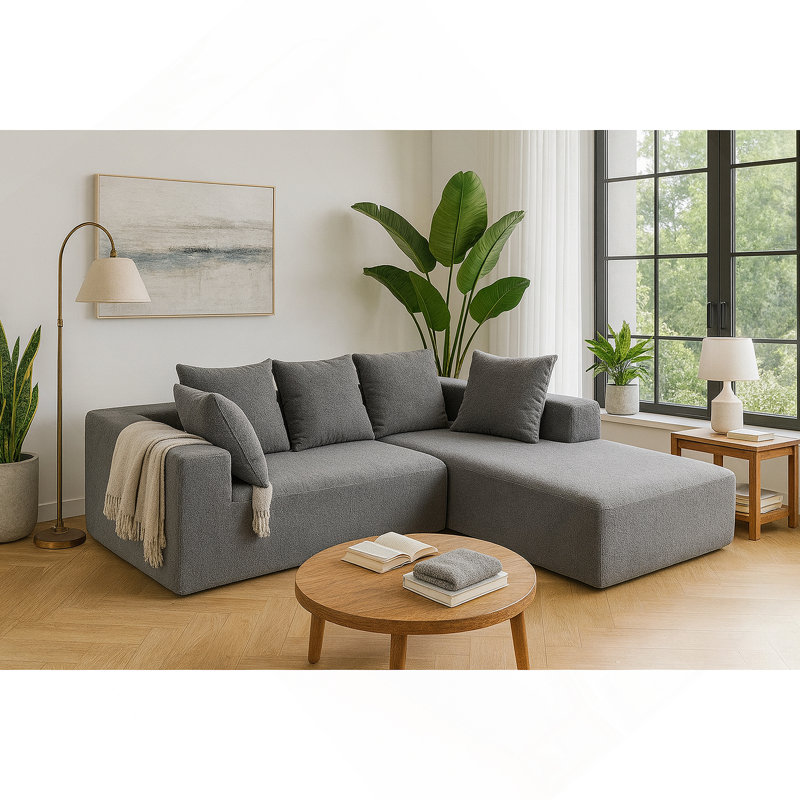 Ensemble de canapé moderne en mousse avec 5 coussins décoratifs - Conception modulaire, revêtement gris-bleu doux, canapé modulaire en forme de L pour le salon, 96,46 po x 72,83 po x 23,03 po: YKX-33002-Gris bleu