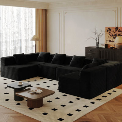 Canapé modulaire modulaire pour le salon, revêtu de velours côtelé désossé, 6 places, sans assemblage, gris, canapé modulaire de classe moyenne, coussins de dossier confortables, noir