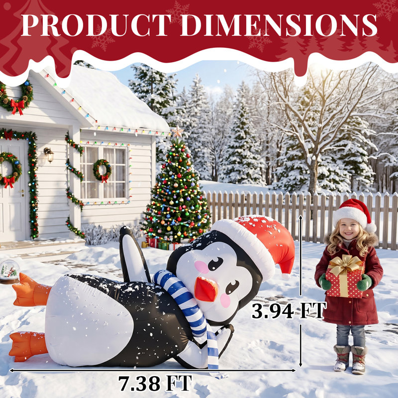 Décoration de Noël d'extérieur de Noël pingouin couché 7,5 pi avec 2 lumières DEL 190D 12 V 1250 mA
