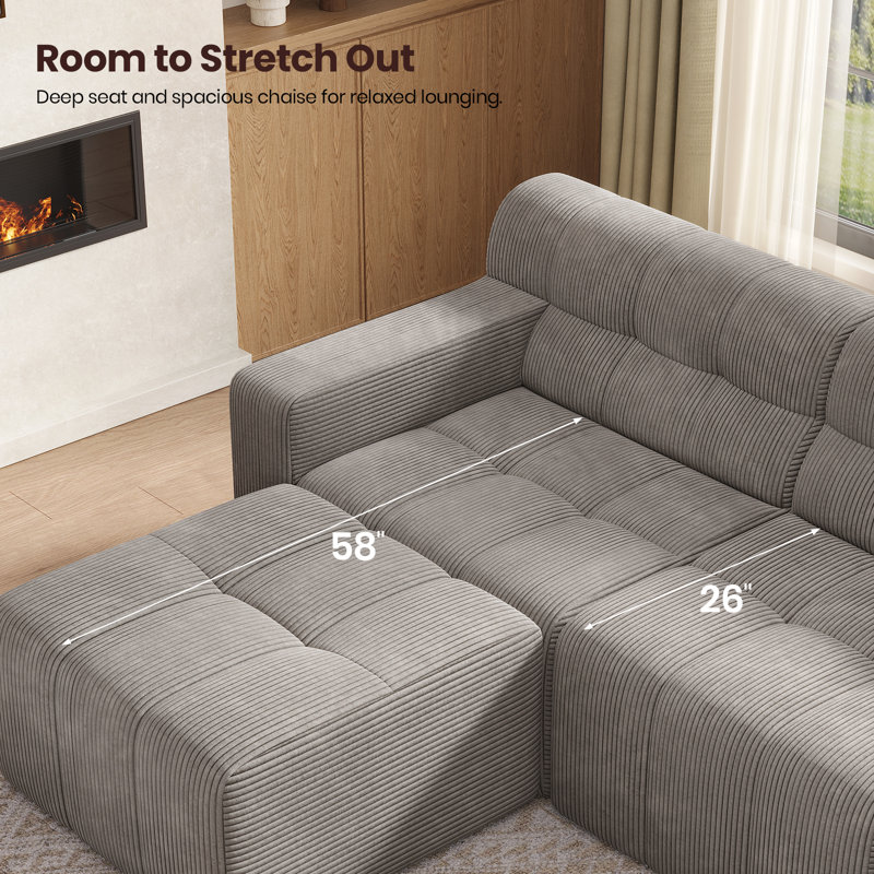  113.4" Cloud Modular Sofa with Ottoman, Deep Seat Corduroy Couch for Living Room, No Assembly Required, Light Gray