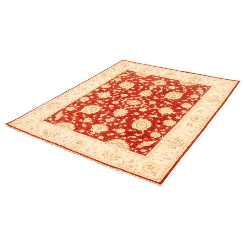 Tapis décoratif en laine noué à la main de conception unique 7 pi 9 po x 9 pi 7 po « New Age » rouge/Ivoire