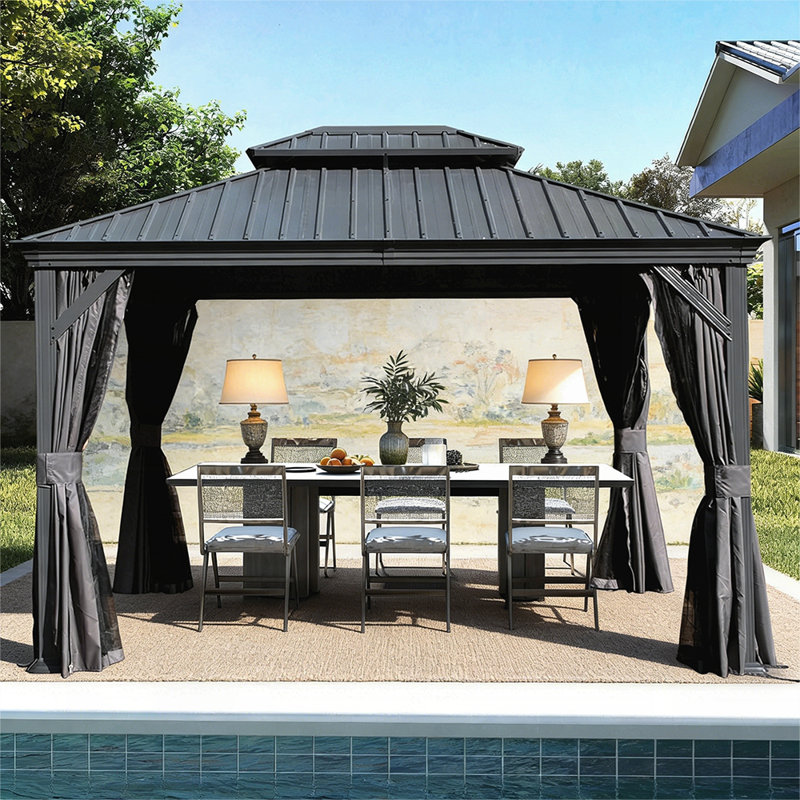 Pavillon de jardin extérieur 10 x 13 pi avec double toit en acier galvanisé, système de drainage efficace, filet et rideaux inclus pour un confort toute l'année