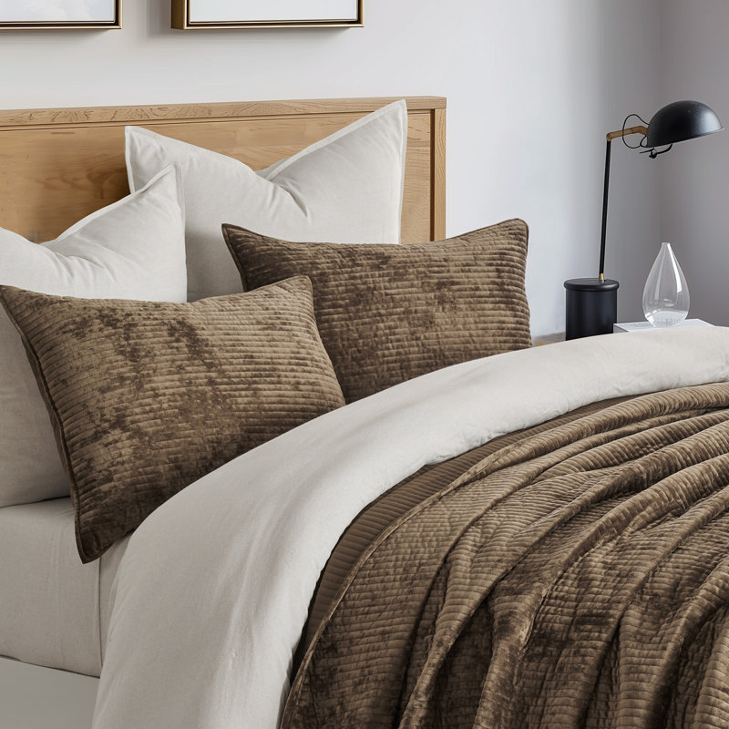 Striped Channel Velvet Quilt Set, Mushroom Brown, Queen