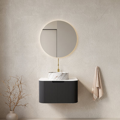 24" Bathroom Vanity with Sink, Wall-Mounted Floating Curved Edges Striped Bathroom Storage Cabinet with Drawer, White Round Ceramic Basin with Stone Pattern, Pre-assembled, Black Color