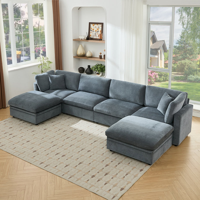 Oversized Down-Filled Modular Sofa With Ottomans, Gray Chenille