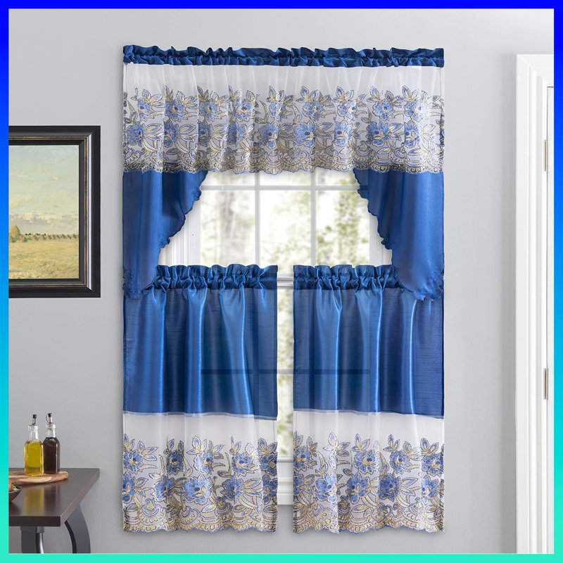Luxury Semi-Sheer 3-Piece Linen Curtain Set With Delicate Sequin Embroidery – Elegant Valance & Tiers For Kitchen, Living Room, Or Bathroom – Romantic & Stylish Window Dressing Loved By Families， Blue