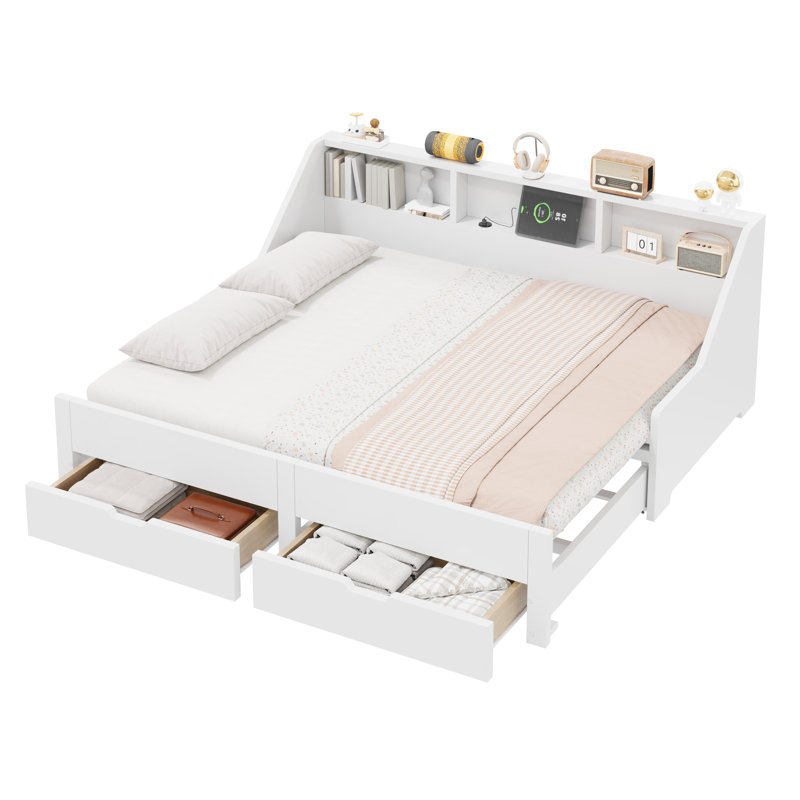 Cadre de lit de jour simple à très grand avec bibliothèques de rangement, 2 tiroirs, motif de charge, blanc
