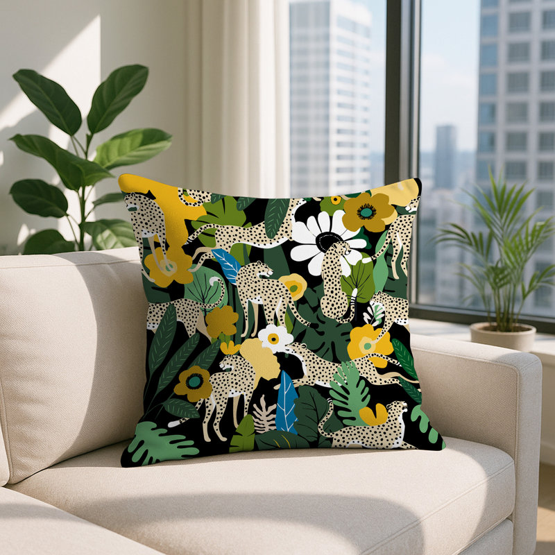 Oreiller carré réversible intérieur / extérieur Nogi Leopard, Carré 18 po, Jaune