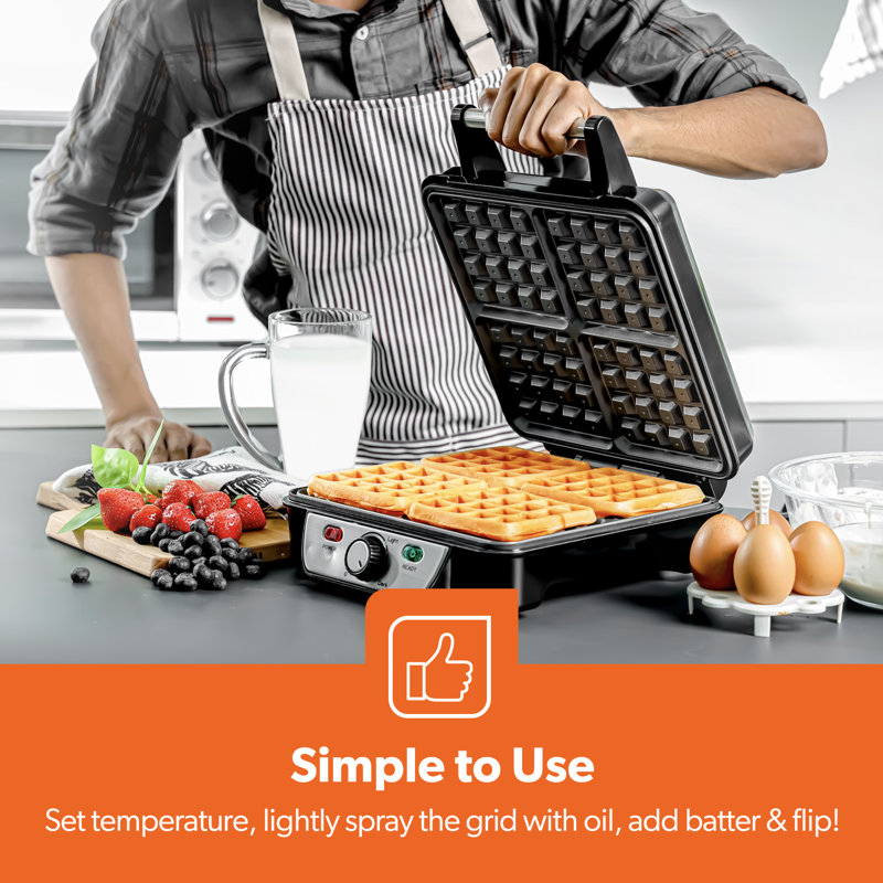 GEEPAS Waffle Maker | 4 Slice Non-Stick Electric Belgian Waffle iron Machine | 1100W, Adjustable Temperature Control | Deep Cooking Plates | Square Belgian American Sweet Savoury Waffle Iron | Black