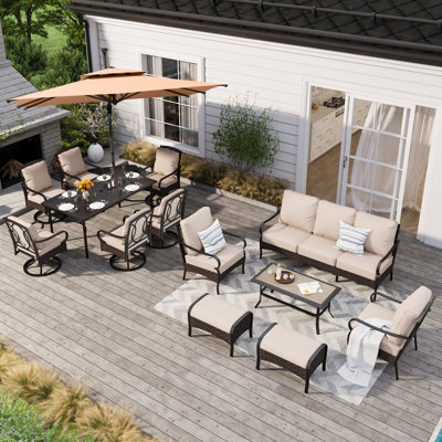 13-person outdoor patio furniture sets including a patio conversation set & a patio dining set with an umbrella