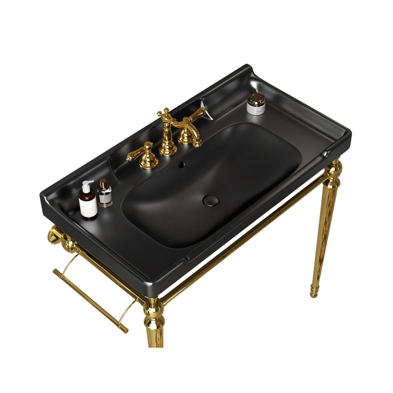 Lavabo de salle de bain en céramique de 36 po en noir, 3 trous pré-percés, avec surface chauffante et lisse, facile à frotter, lavabo noir au design charmant, et surface pour le nettoyage, la fascination