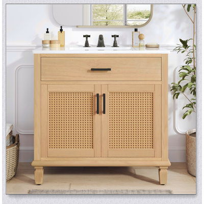 Meuble-lavabo en rotin avec lavabo en céramique, portes et tiroirs à fermeture en douceur, conception autoportante pour le rangement de grands espaces et artisanat