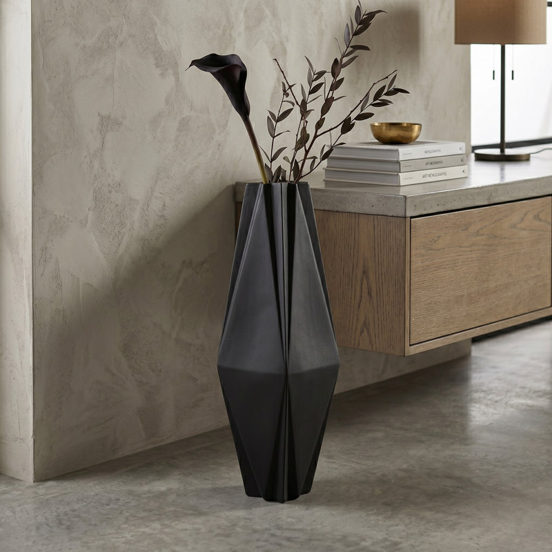Vase géométrique moderne pour décoration de salon - Grand vase décoratif en céramique pour décoration de table ou de bureau - Noir