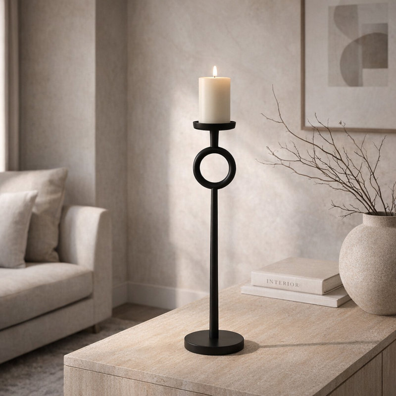 Porte-bougie simple en fer noir moderne, H 21 po x l 6 po x P 6 po, Noir