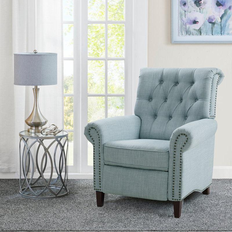 Bridin Upholstered Manual Push Back Recliner Chair with Nailheads, Light Blue Basketweave
