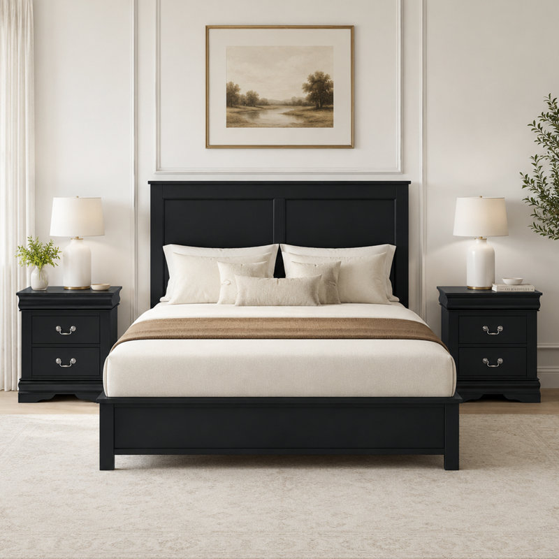 Transitional 2-Drawer Solid Wood Nightstand, No Assembly Required, Black