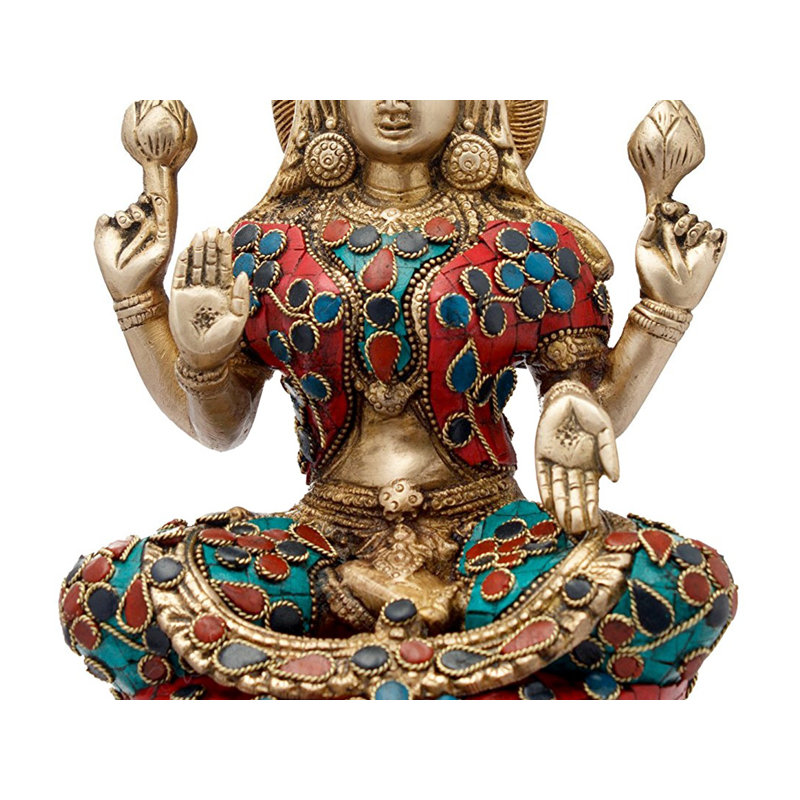 Statue de déesse en laiton fabriquée à la main avec incrustation de Lakshmi, figurine assise de 9 po, sculpture traditionnelle de dévotion pour l'autel et la salle de méditation