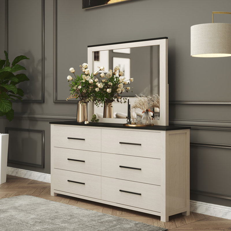 Commode de chambre à coucher 6 tiroirs avec miroir rond blanc rond Roundhill Furniture