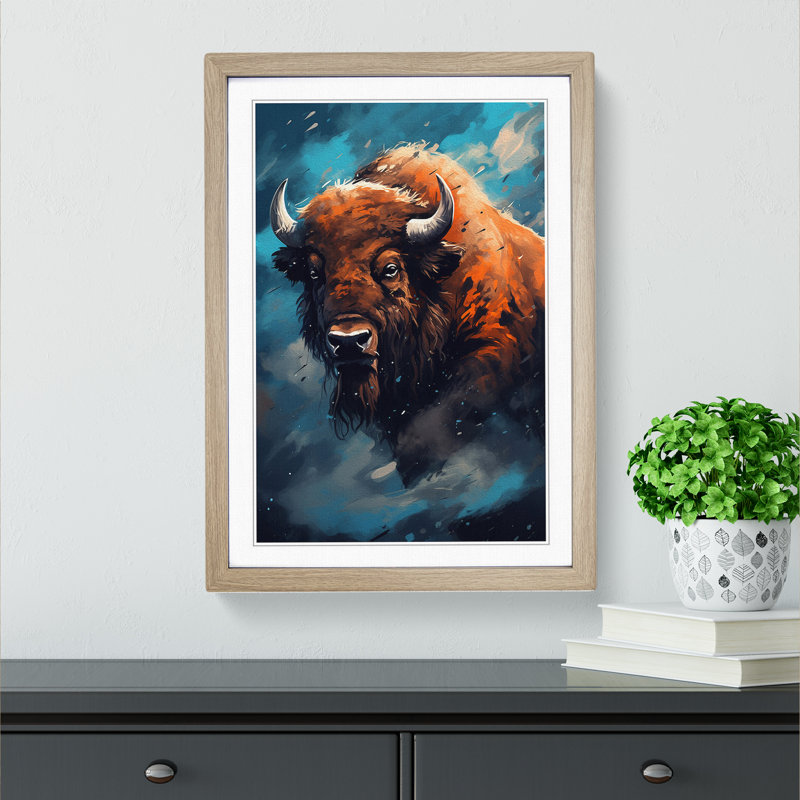 Bison Digital Art - Framed Print, 64cm H x 46cm W x 2cm D, Oak Framed