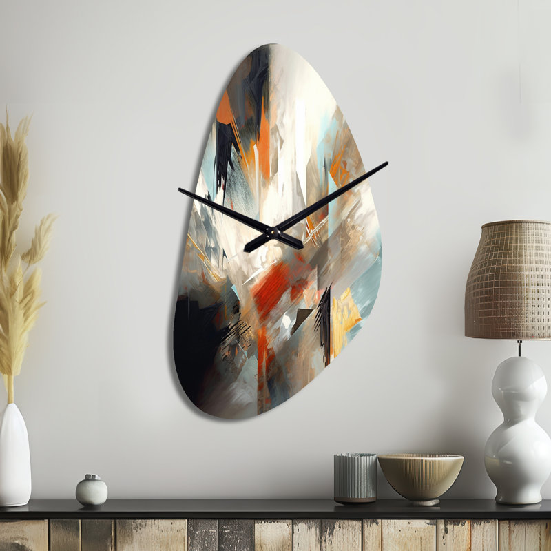Horloge orange et bleue, mélange de couleurs abstraites IV - horloge minimaliste en métal de forme irrégulière, horloge asymétrique crème