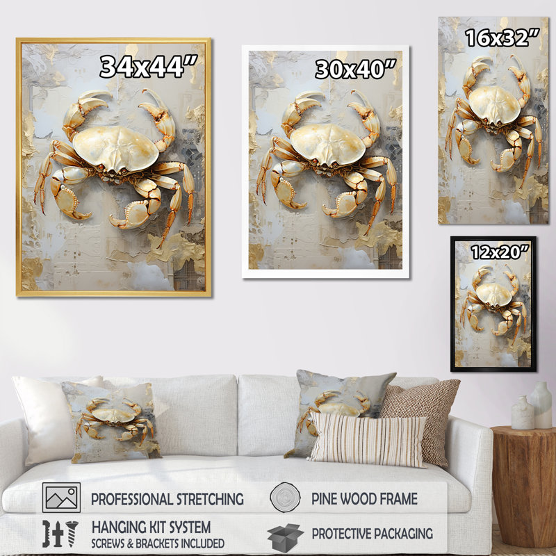 Art mural sur toile crabe, reproduction d'un animal côtier - peinture crabe minimaliste, Toile tendue