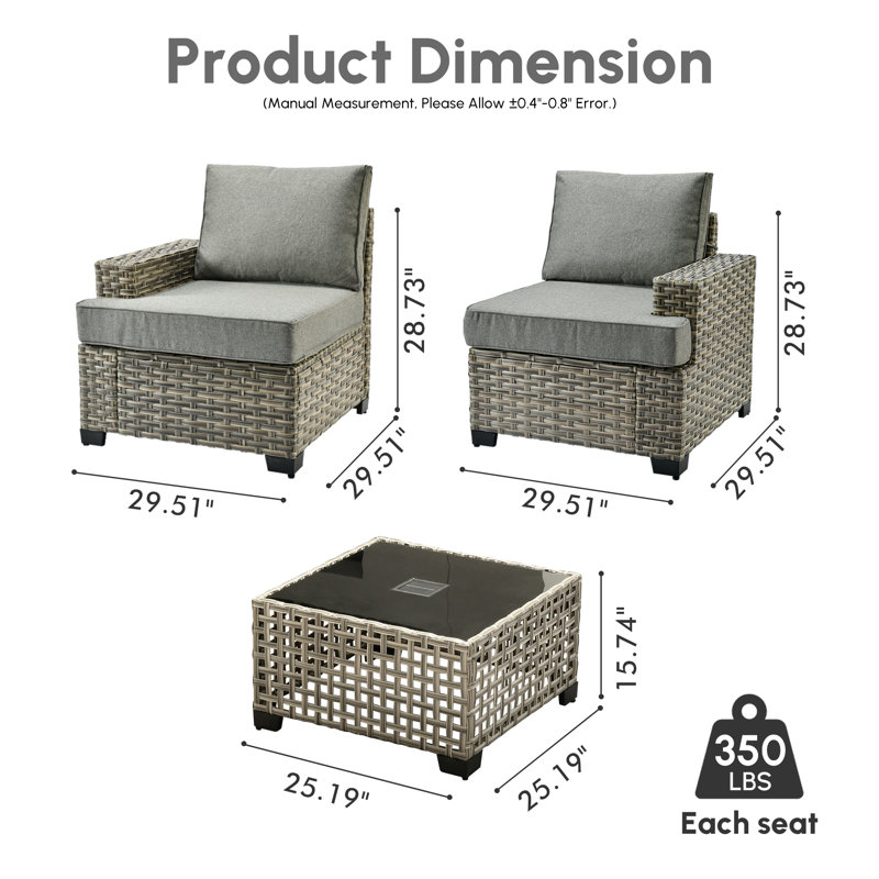 Wahkon 3 - Piece Outdoor Patio Sofa Wicker Modular Sectional Set With Lighted Coffee Table and Cushions, Gray