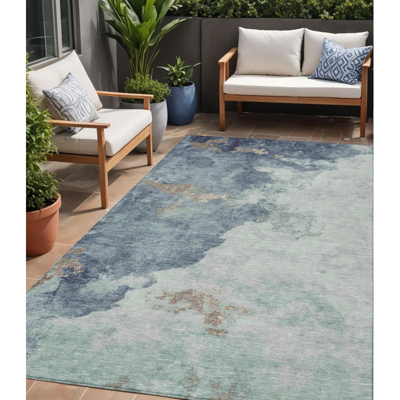 Tapis extérieur lavable abstrait turquoise et taupe 5 pi x 8 pi