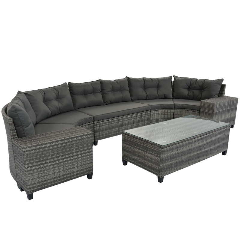 8-Pieces All Weather Wicker Half-Moon Sectional Sets With Rectangular Coffee Table, Gray