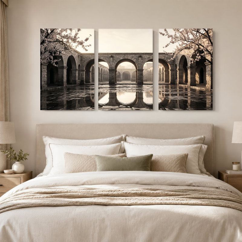 Ensemble de 3 toiles en pierre arquées avec fleurs de cerisier, 30"H x 20"W x 3pcs