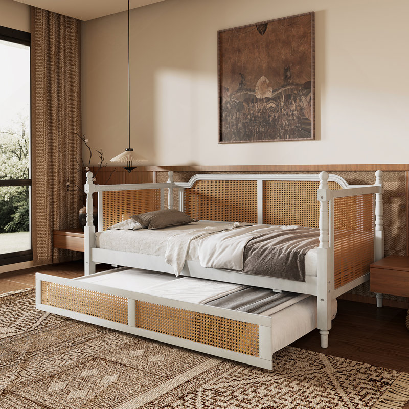 Lit de jour en rotin avec couchette, Blanc antique