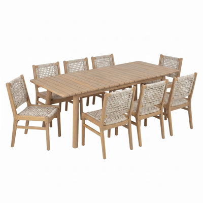 Solvire Modern Coastal Acacia Wood Outdoor Patio Dining Set With Handwoven Wicker Chairs & Extendable Slatted Dining Table For Backyard, Garden & Deck