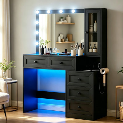 Coiffeuse de 109 cm de large avec miroir et 11 lumières, coiffeuse moderne avec 5 tiroirs, 3 modes d'éclairage à luminosité réglable, prise électrique, pour chambre à coucher.