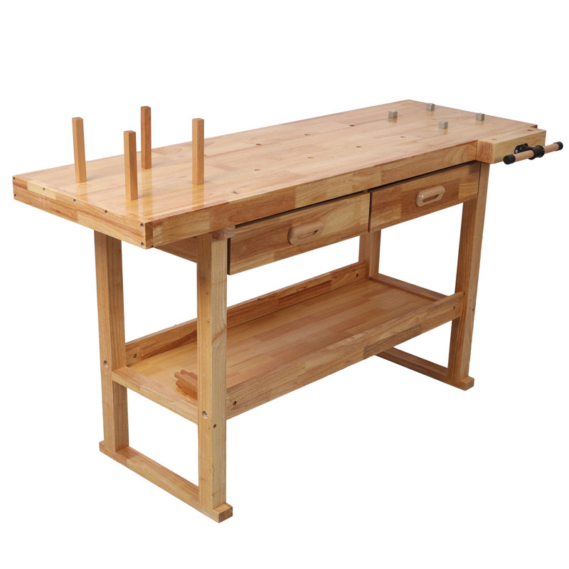 Établi professionnel 60 po en bois d'hévéa massif avec 2 tiroirs, tablette ouverte, finition naturelle pour garage, atelier de menuiserie et utilisation domestique