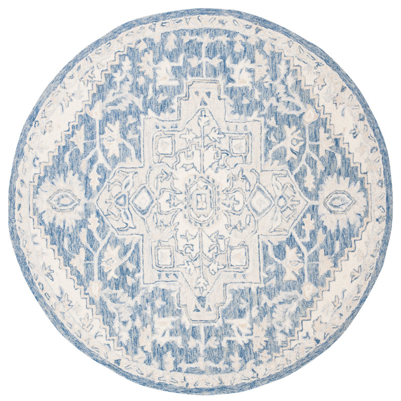 Tapis oriental ivoire / bleu en coton touffeté à la main Cyrrilagnin, Rond 5 pi