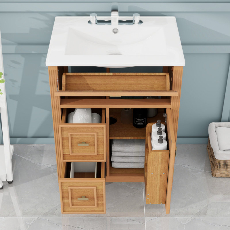 Meuble-lavabo avec lavabo, tiroir rabattable et tablette réglable, Bois