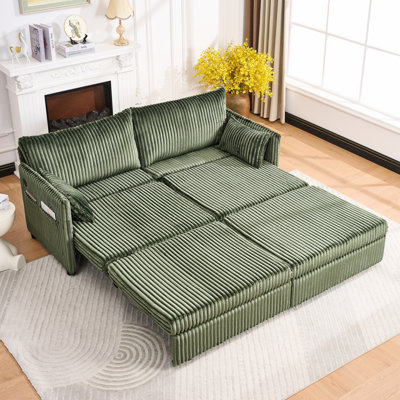 Lit convertible de 73 po, canapé 3 en 1 en velours côtelé moderne avec poche latérale et ports, pour petit appartement, chambre à coucher, lit double, structure en bois massif, rembourrage en mousse idéal pour le salon, espaces, pin