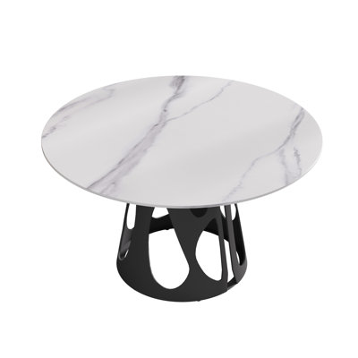 Table de salle à manger ronde 53 po avec plateau en pierre frittée blanche, base en métal, foyer, pour 6 personnes, pour table de cuisine 6, blanc et stable, espace de vie