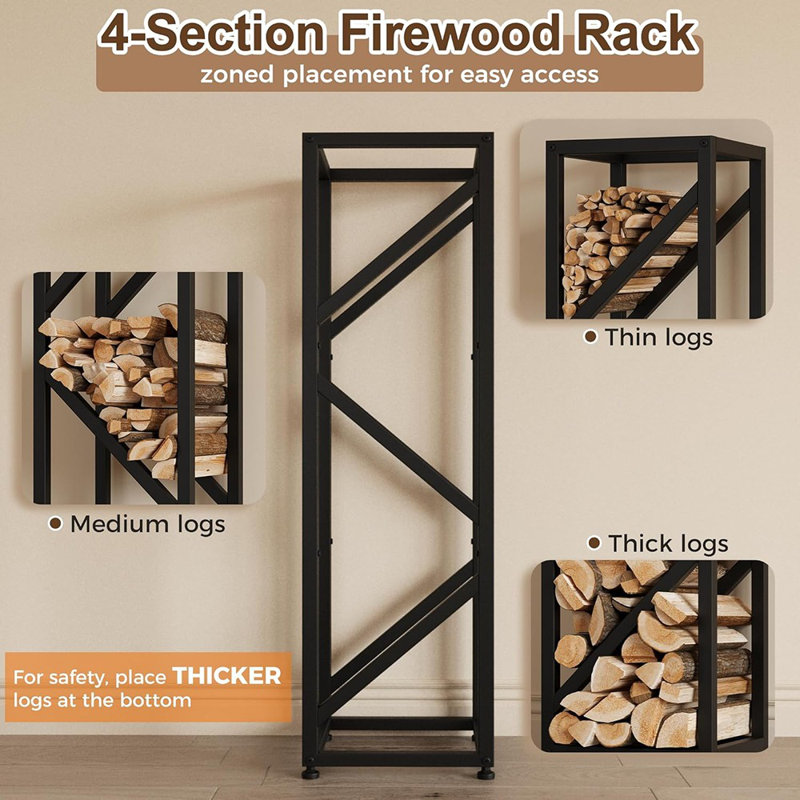 Porte-bûches de bois de chauffage robuste de 47 pouces de hauteur, à 4 niveaux, pour foyer avec style minimaliste, support à bûches décoratif, rangement flexible, peu encombrant, assemblage facile, noir