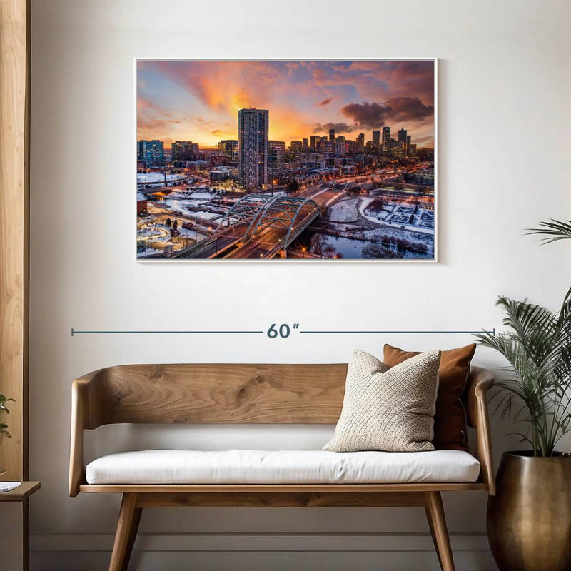 Coucher de soleil d'hiver à Denver, Cadre flottant blanc, 43 po x 29 po