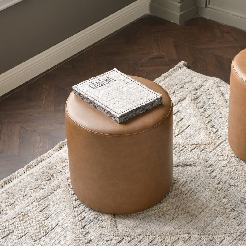 18" Wide Faux Leather Round Upholstered Ottoman, Camel