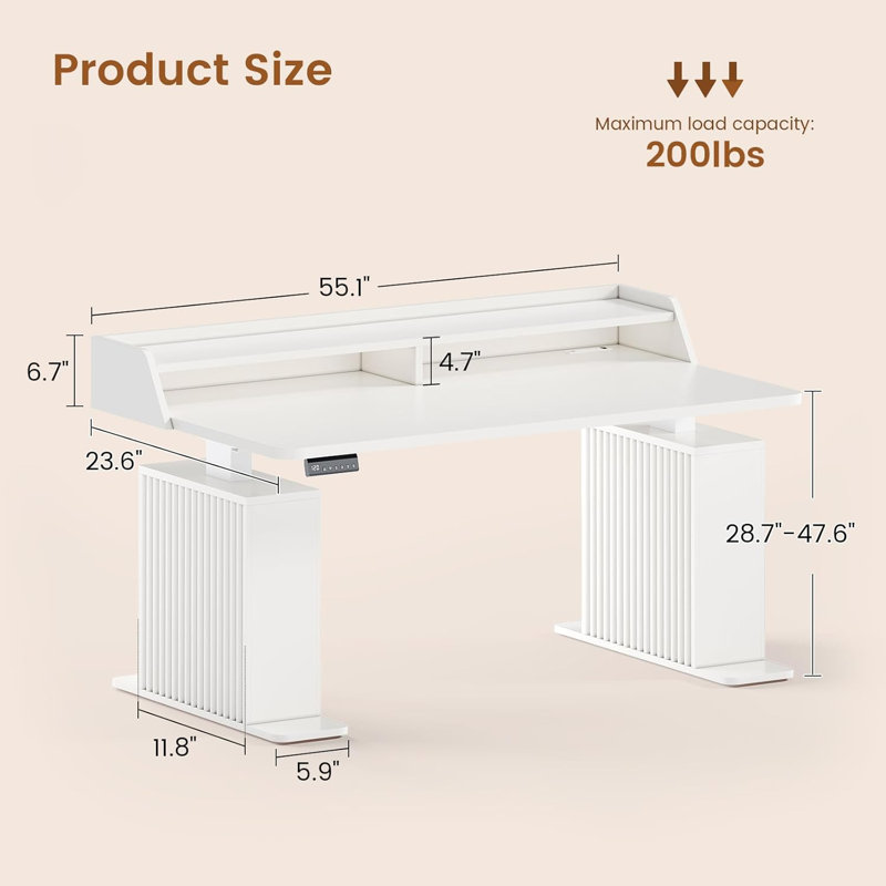 Bureau debout avec rangement pour ordinateur 55 "avec prises de courant et lumières DEL, Blanc