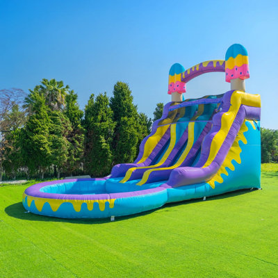 POP JUMP 24 Ft Ice Pop Dual Lane Inflatable Water Slide with Pool, 24 Ft Long Wet/Dry Backyard Slide with Air Blower