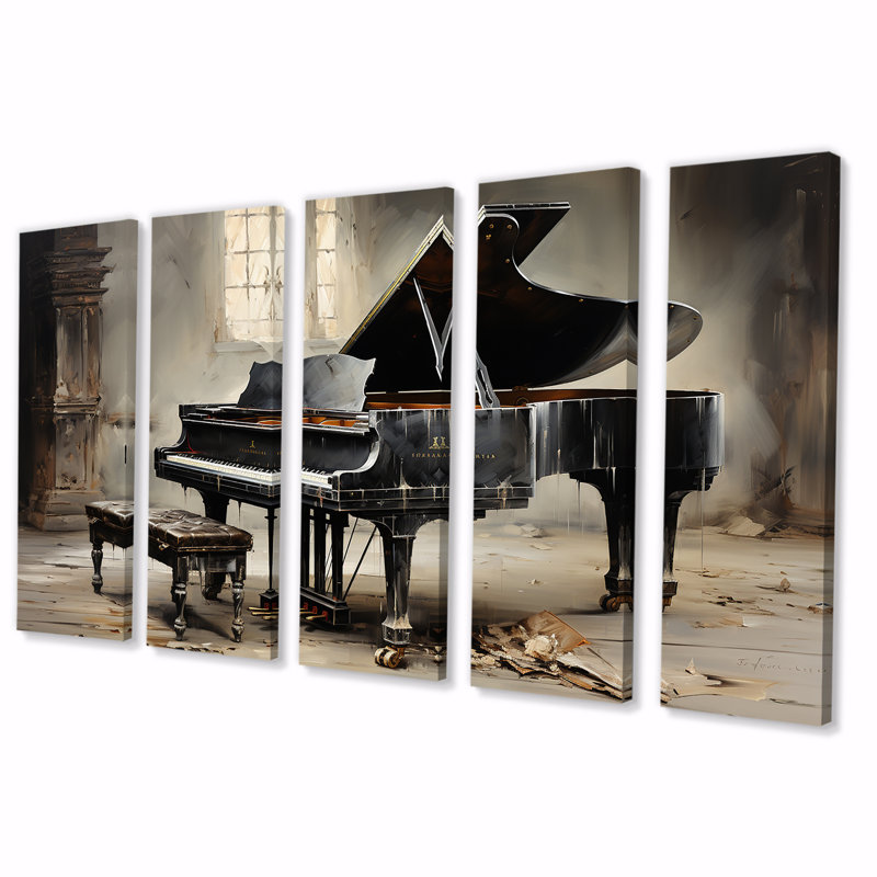 Minimalisme, piano à queue, mélodie II, ensemble de 5 pièces d'art mural, H 32 po x l 80 po