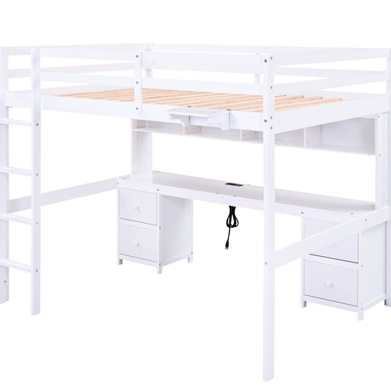 Lit mezzanine pleine grandeur avec bureau, armoires et rangement de chevet - Bois massif blanc avec station de charge, Blanc