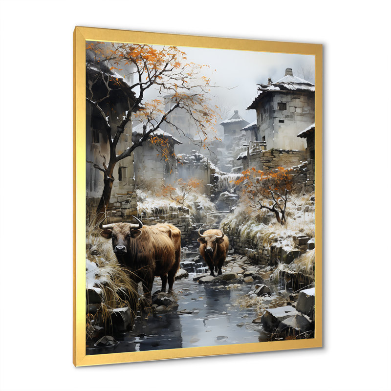 Yaks Urban visiteur I sur toile, Cadre doré simple, H 20 po x l 12 po x P 1 po