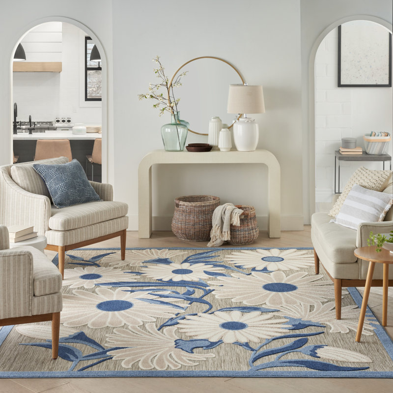 Alayia Aloha Floral Blue/Grey Indoor/Outdoor Area Rug, Rectangle 7' x 10'