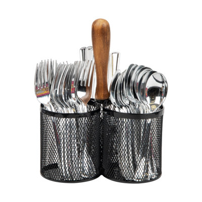 Mind Reader 3-Compartment Mesh Utensil Caddy with Wooden Handle, Multi-Purpose Countertop Storage, Metal Mesh, Black