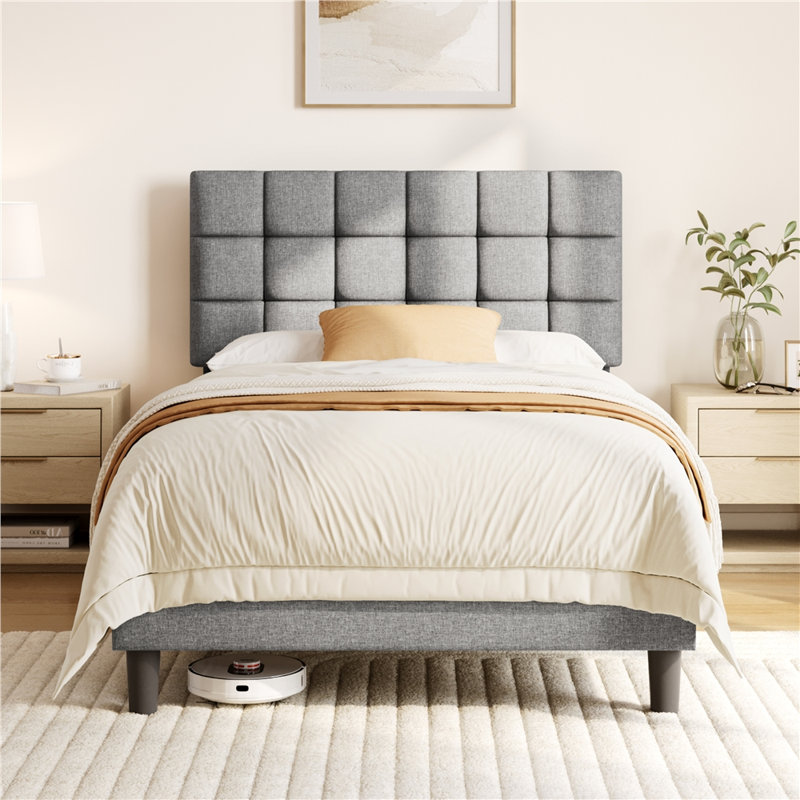 Size Modern Upholstered Bed Frame with Adjustable Square Tufted Headboard, Small Double (4'), Linen Fabric/Light Grey