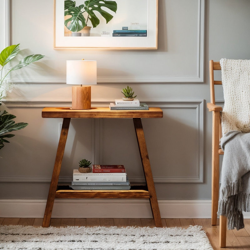 Table de bout en bois massif de 23,6 po avec tablette de rangement inférieure, table de chevet d'appoint compacte à 2 niveaux pour le salon et la chambre à coucher