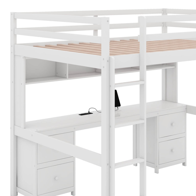 Full Size Loft Bed With Desk, Cabinets, Drawers And Charging Station, White